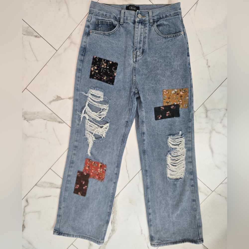 Cider Light Blue Straight Leg Jeans Floral Patchwork Size M